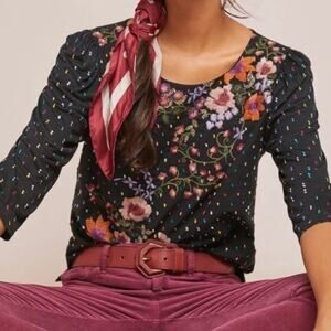 One September Anthropologie XS Floral Heavy Embroidery Boho Soft T Shirt Top